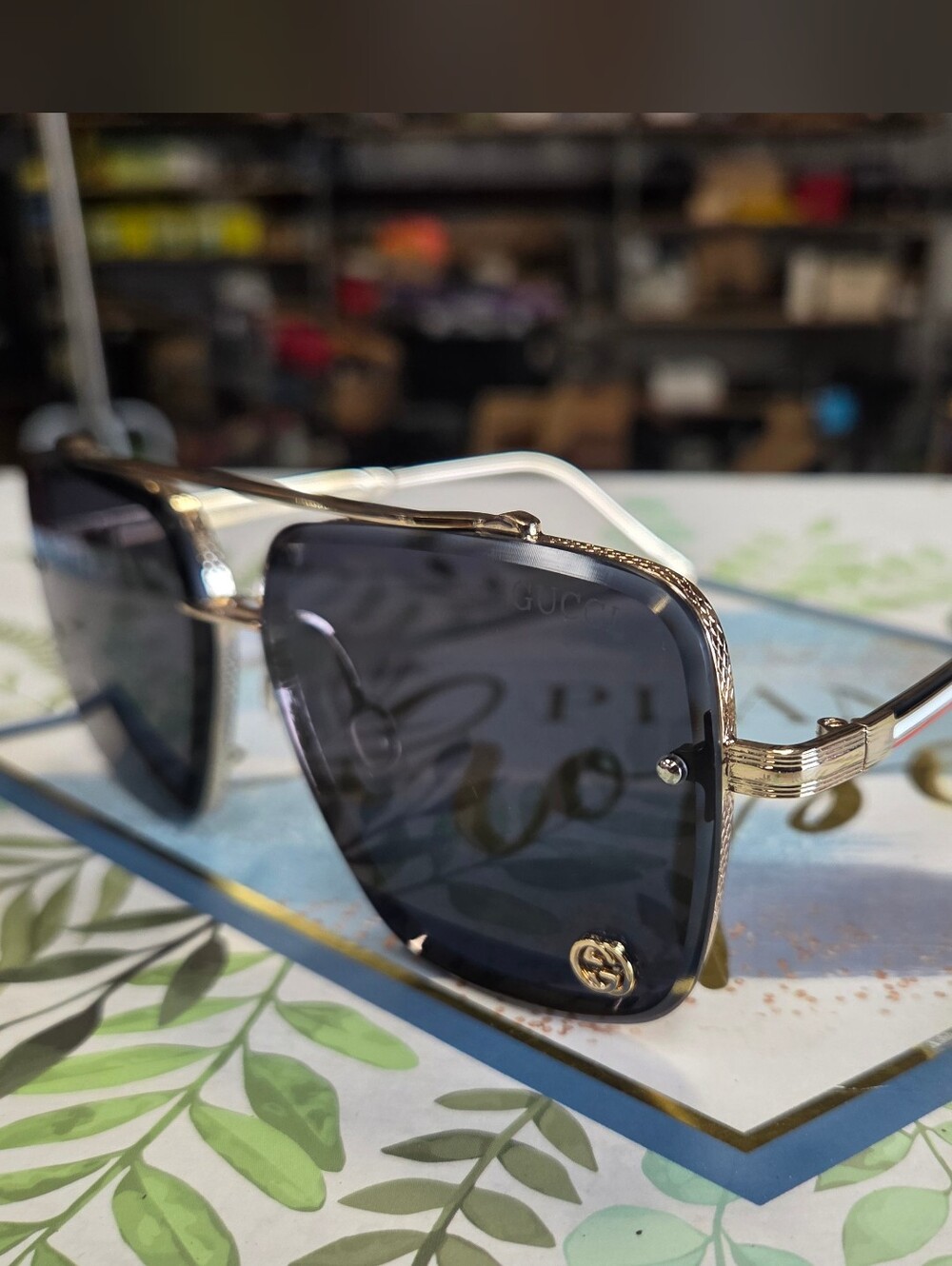 Gucci Unisex Gold-Trim Black Lens Sunglasses